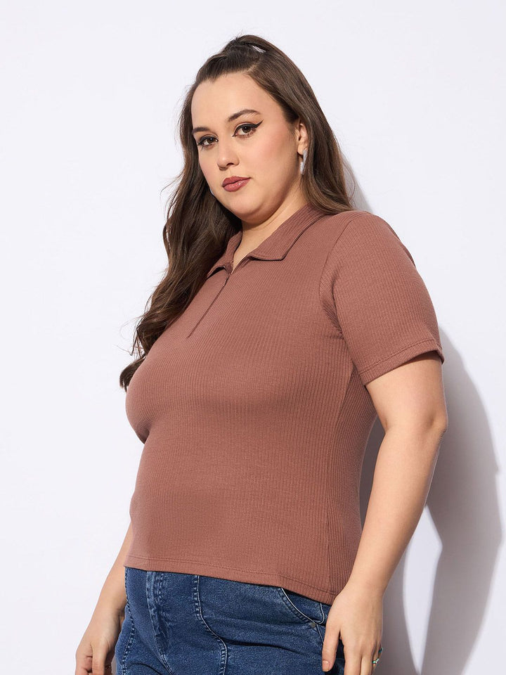 Sassafras Curve Women Ribbed Ribbed Shirt Collar Top