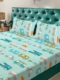 KLOTTHE Grey & Green Cartoon Flat Printed 300 TC Double King Bedsheet With 2 Pillow Cover