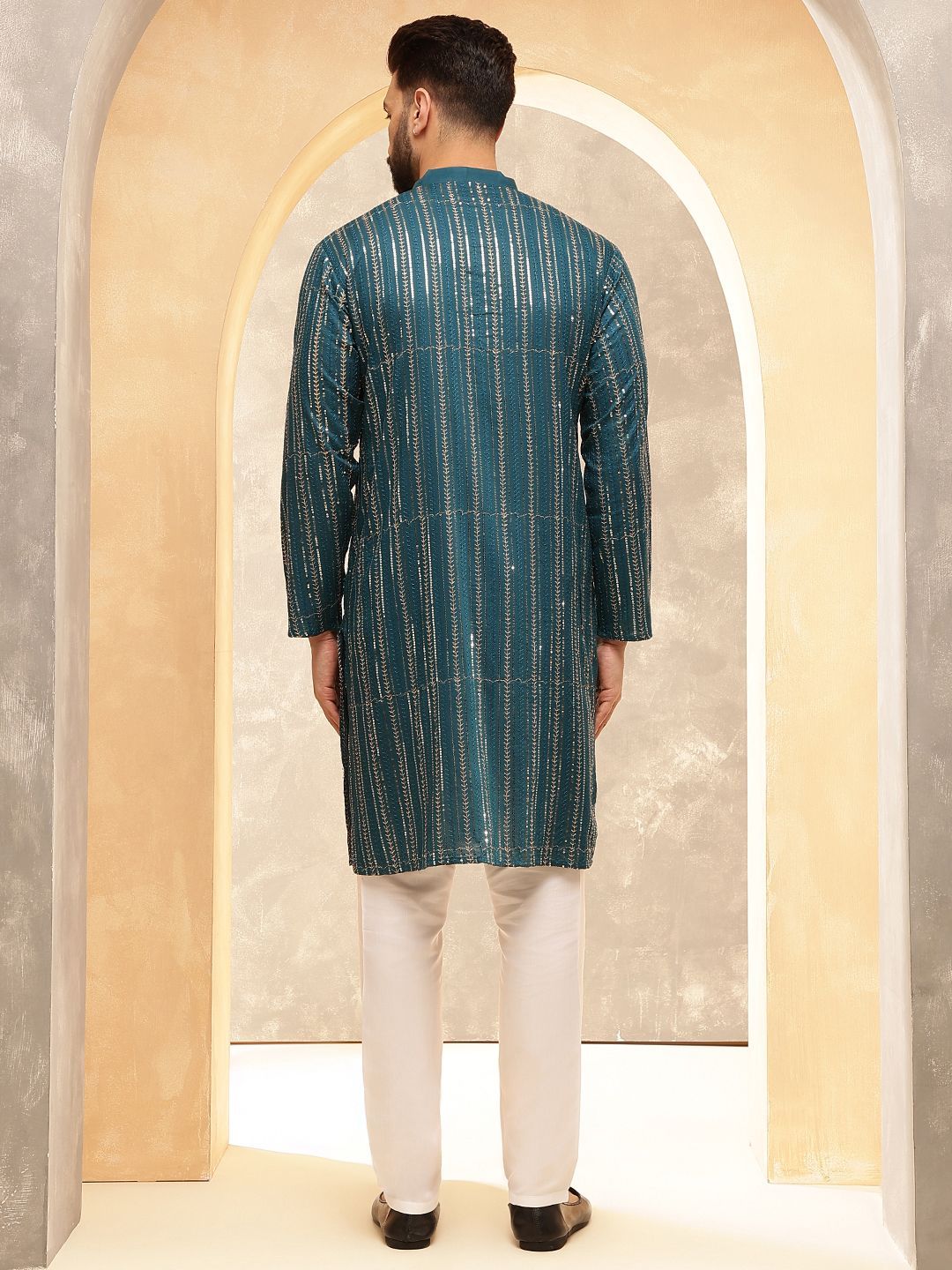 Anouk Blue Striped Embroidered Sequinned Mandarin Collar Pure Cotton Kurta With Pyjama