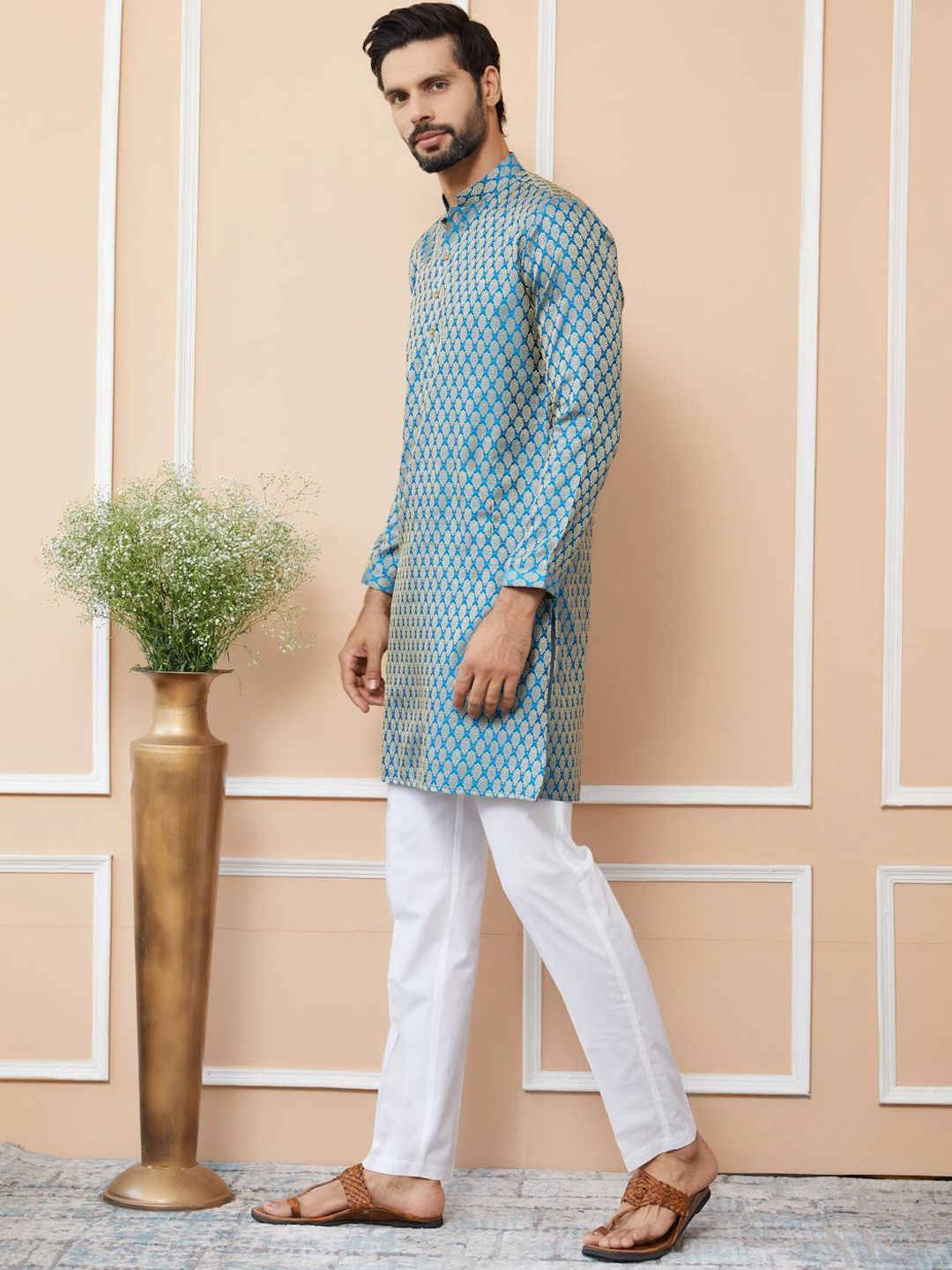 See Designs Ethnic Motifs Woven Design Mandarin Collar Silk Jacquard Straight Kurta