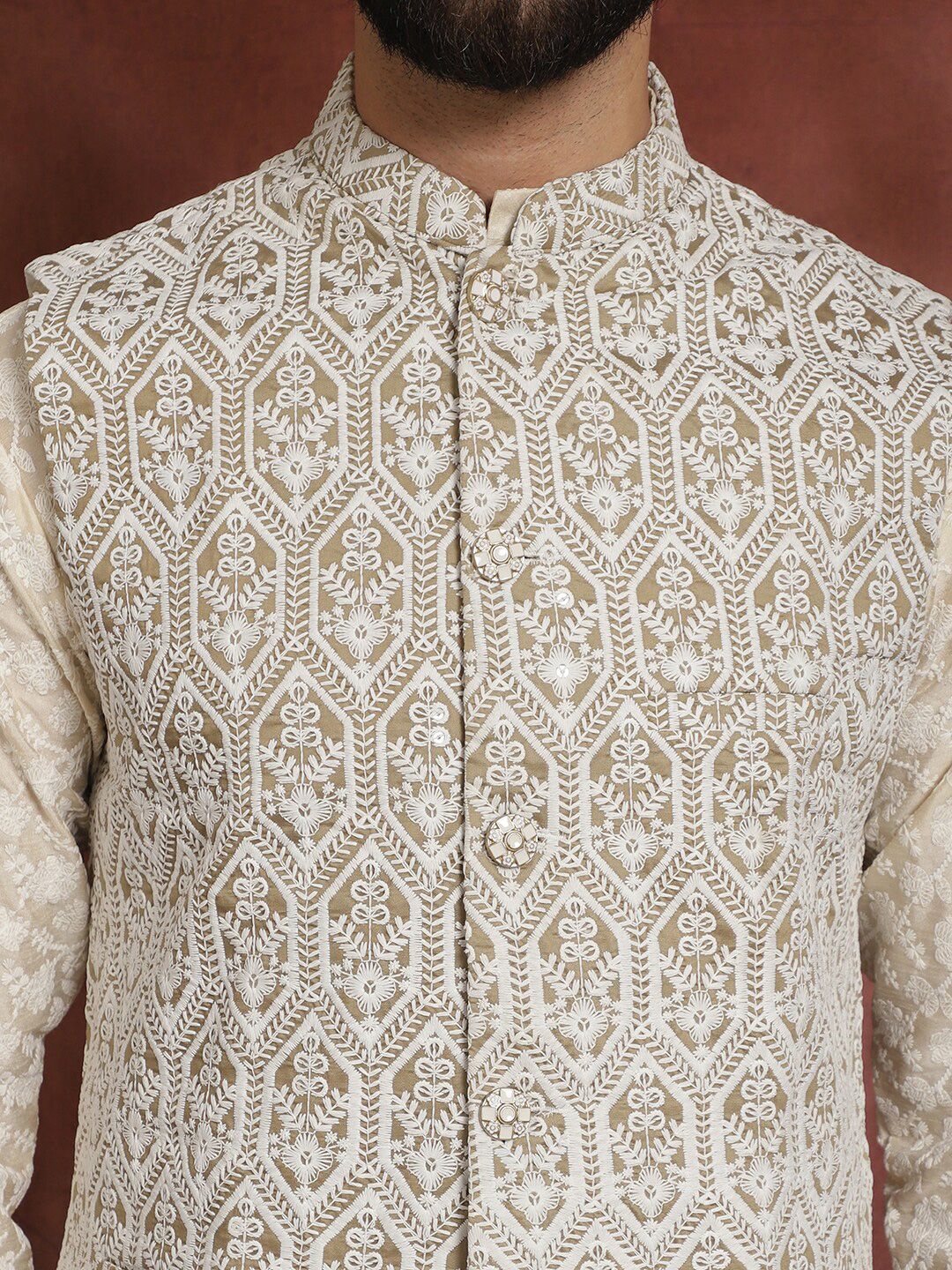 Anouk Floral Embroidered Regular Thread Work Kurta Churidar with Nehru jacket