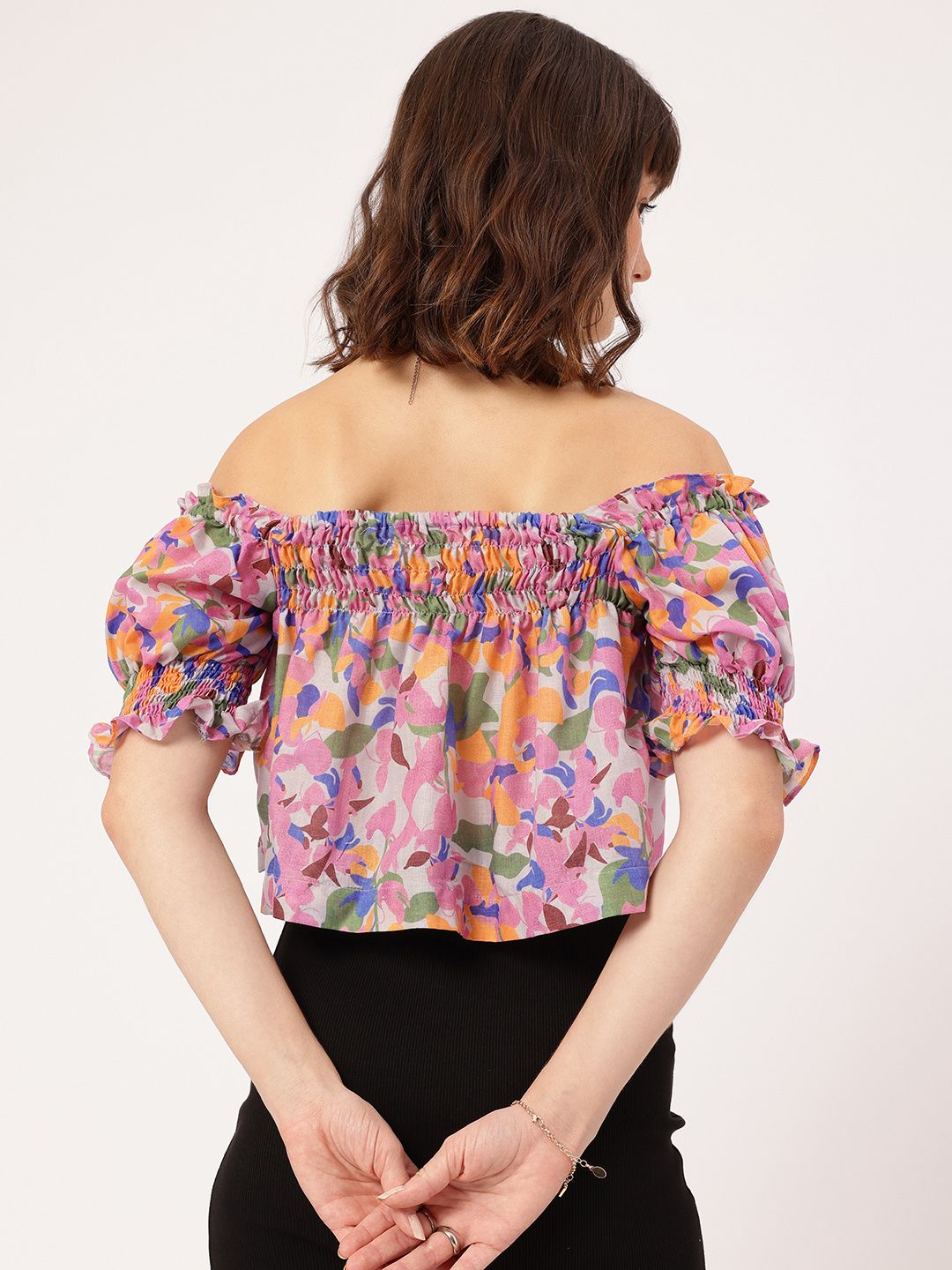 DressBerry Dainty Details Floral Print Smocked Bardot Top