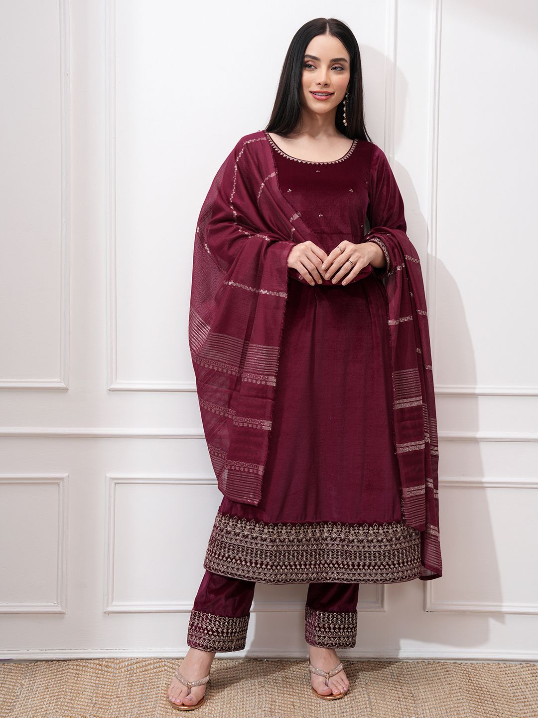 Vishudh Women Ethnic Motifs Embroidered Regular Kurta with Trousers & With Dupatta