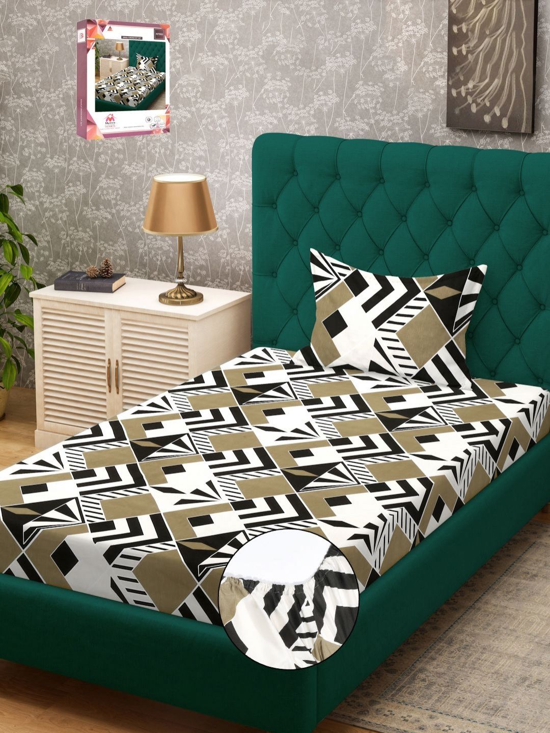 Myntra Elegant Homes White & Black Geometric 300 TC Single Cadar dengan 1 Sarung Bantal
