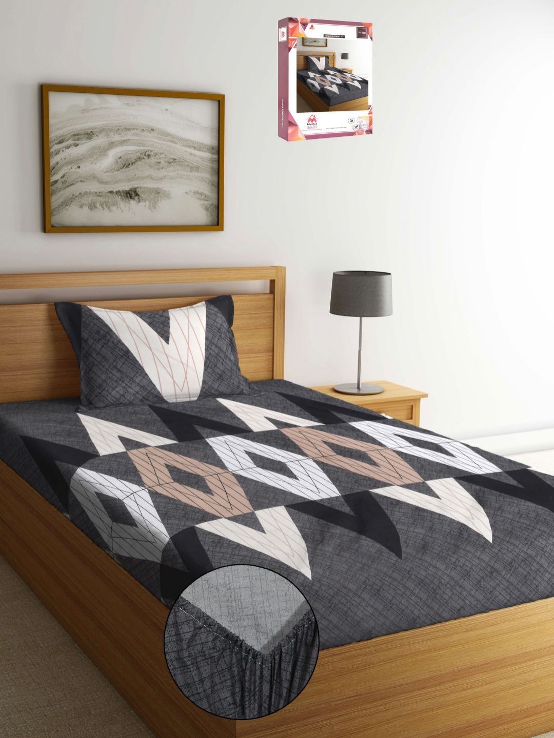 Myntra Elegant Homes Kapas Geometri Kelabu 300 TC Dilengkapi Cadar Bujang Halus dengan Sarung Bantal-89 x 59 inci