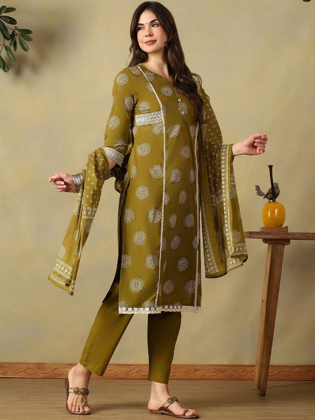 Mamicha Women Ethnic Motifs Printed Regular Mirror Work Pure Cotton Kurta with Trousers & With Dupatta