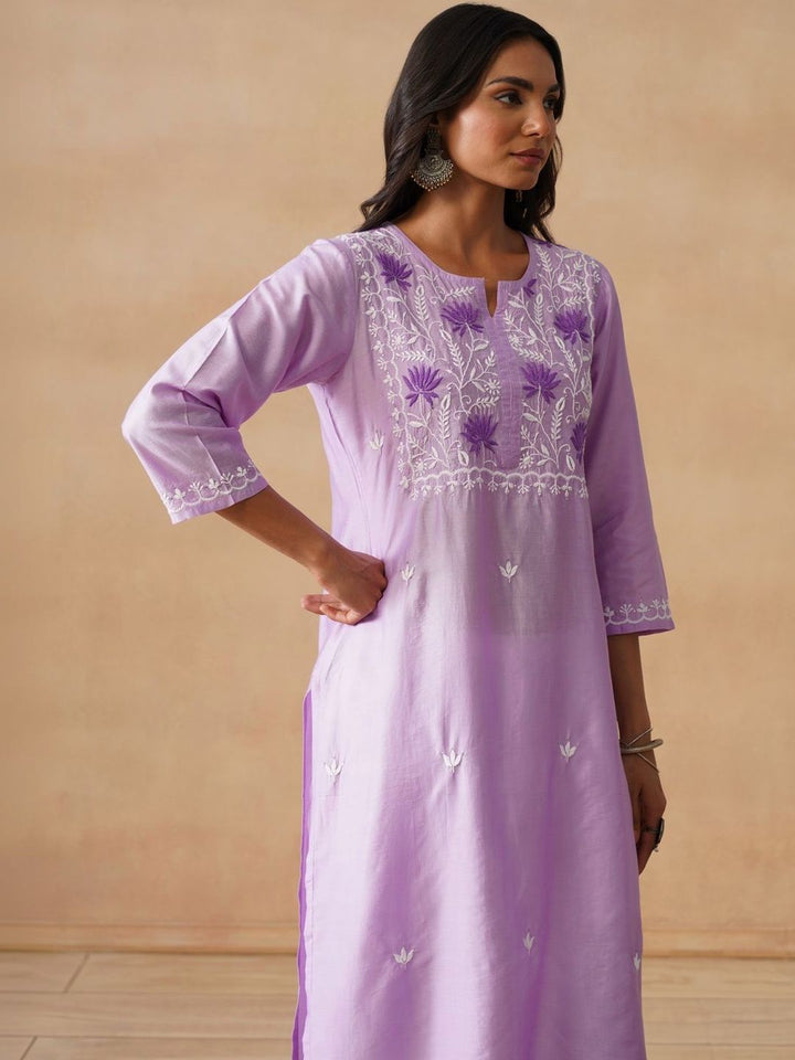 House of Chikankari Women Solid Lavender Cotton Kurta
