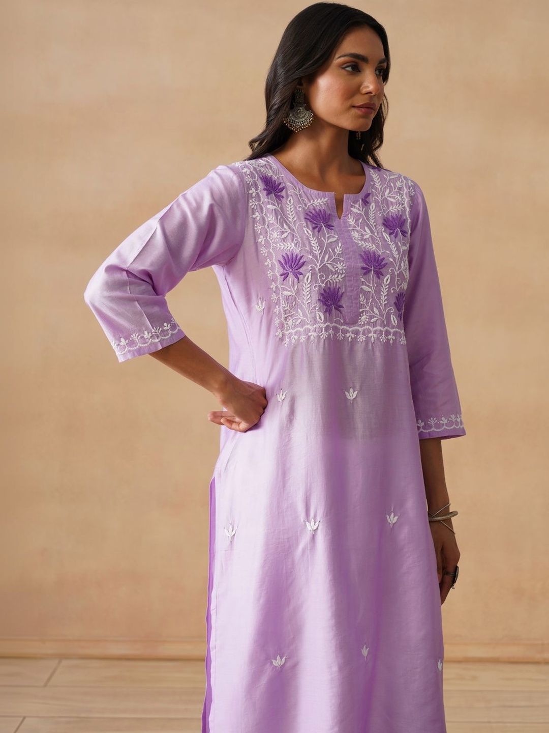 House of Chikankari Women Solid Lavender Cotton Kurta