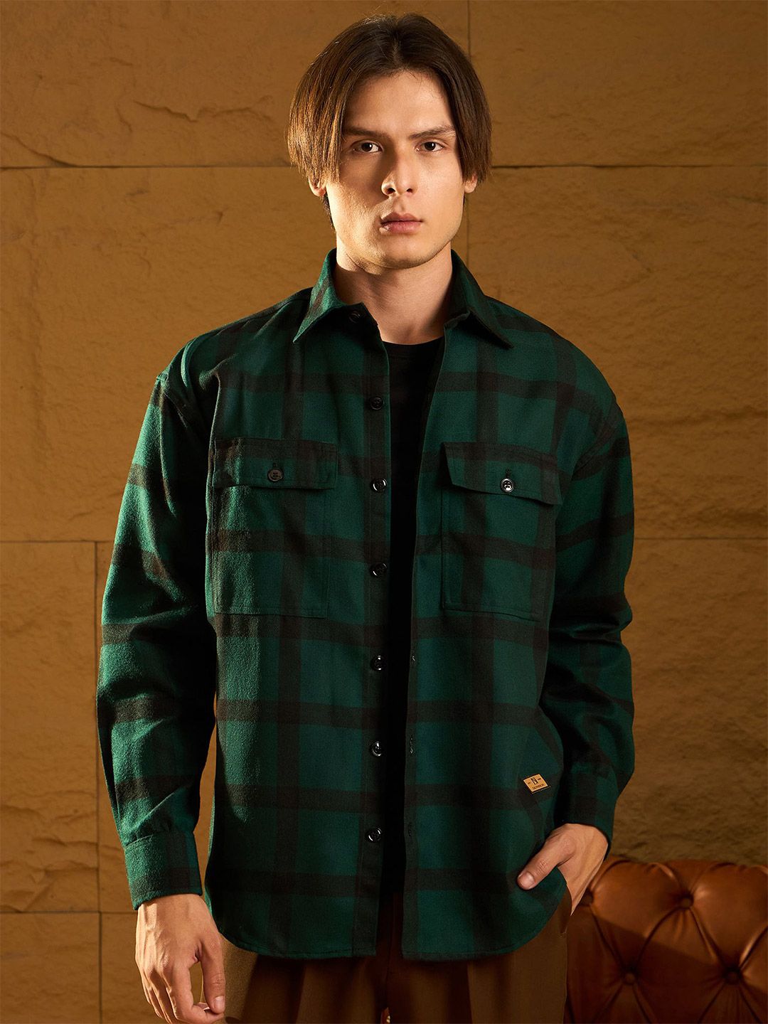 DENNISON Men Double Pocket Drop Shoulder Oversized Cotton Checked Shacket