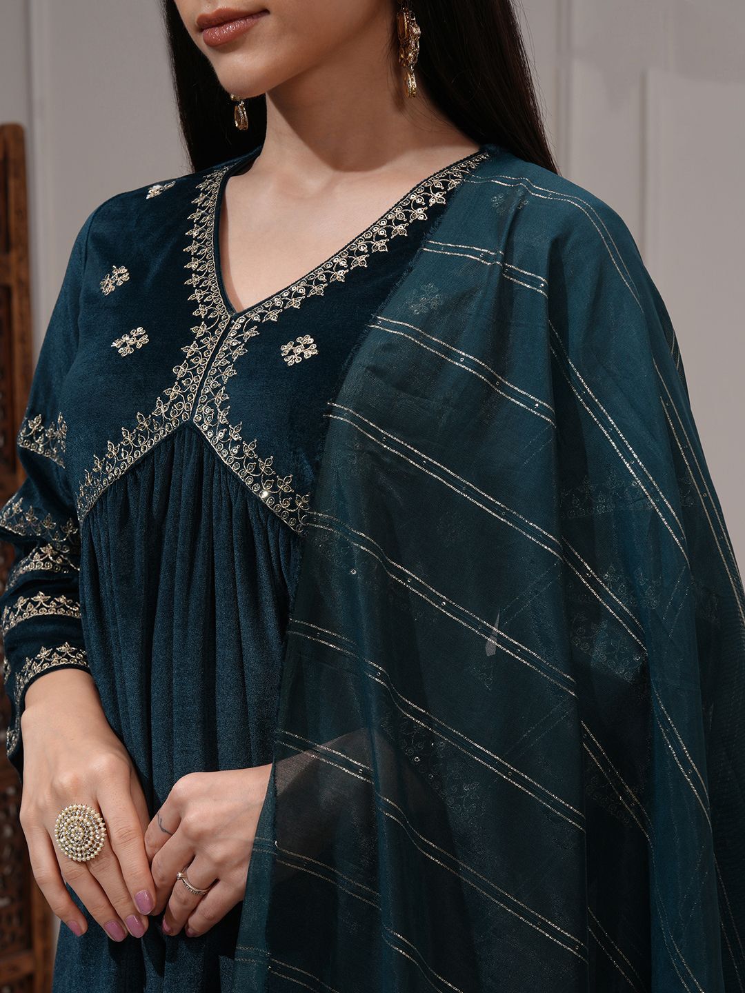 Vishudh Women Embroidered Velvet Gathe Kurta with Slim Palazzo & Dupatta