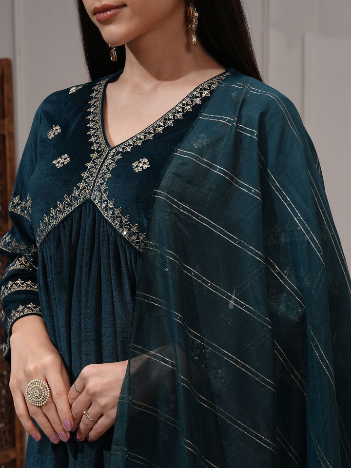 Vishudh Women Embroidered Velvet Gathe Kurta with Slim Palazzo & Dupatta