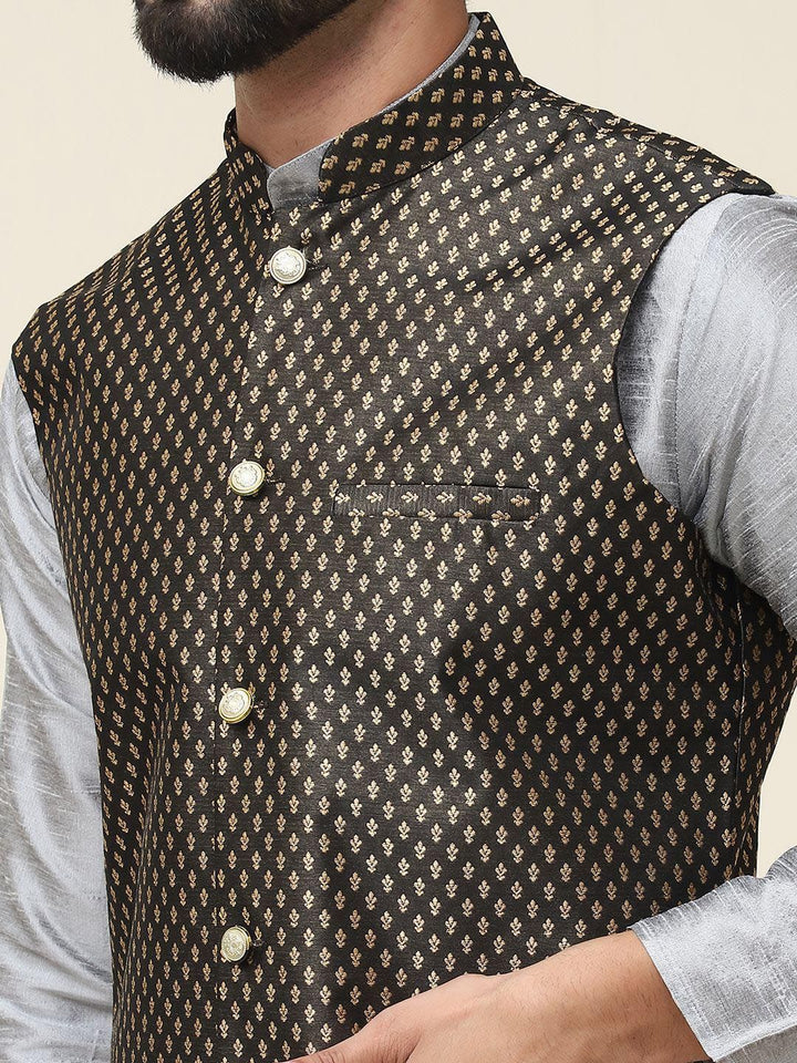SOJANYA Mandarin Collar Silk Cotton Straight Kurta with Churidar & Nehru jacket