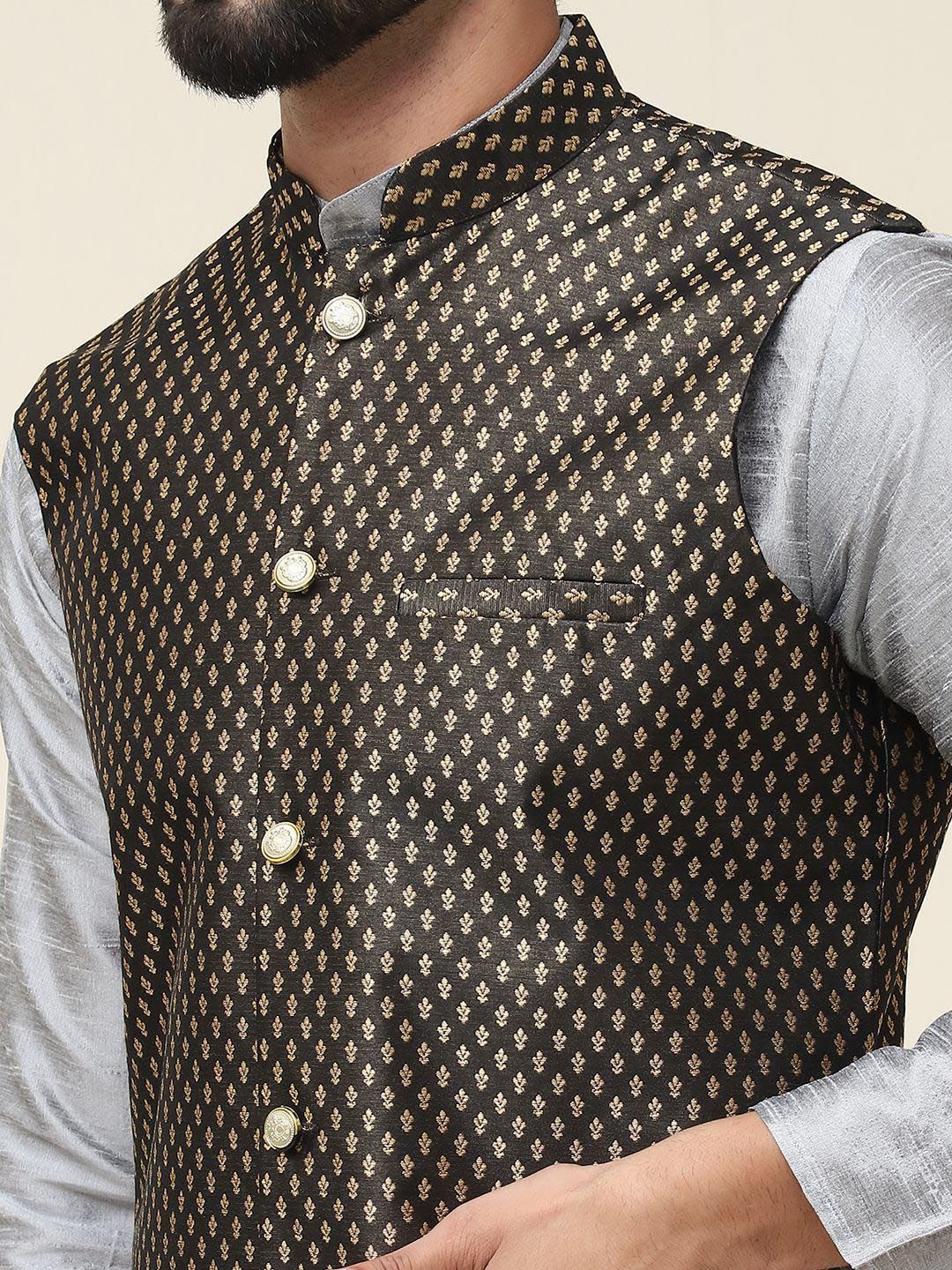 SOJANYA Mandarin Collar Silk Cotton Straight Kurta with Churidar & Nehru jacket