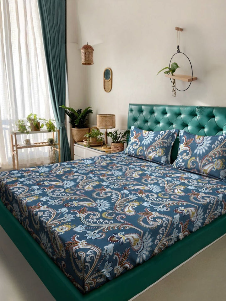 KLOTTHE Blue Floral Polycotton 300 TC King Bedsheet with 2 Pillow Covers-98 x 89 inches