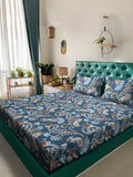 KLOTTHE Blue Floral Polycotton 300 TC King Bedsheet with 2 Pillow Covers-98 x 89 inches