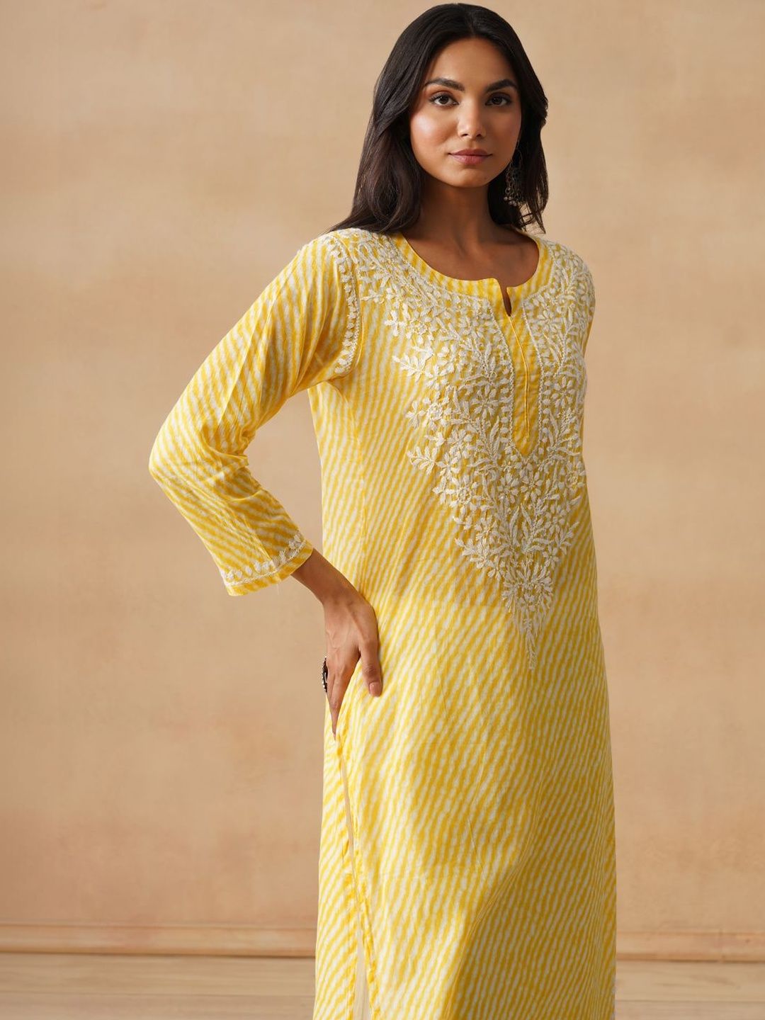 Kurta Bercetak Kuning Rumah Wanita Chikankari