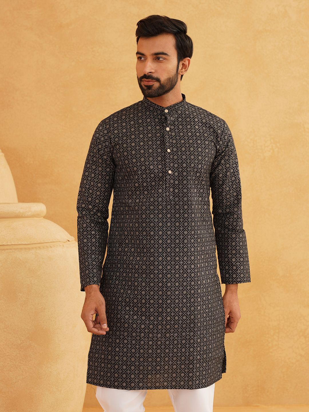 SOJANYA Floral Printed Band Collar Cotton Linen Kurta Lurus Dengan Churidar