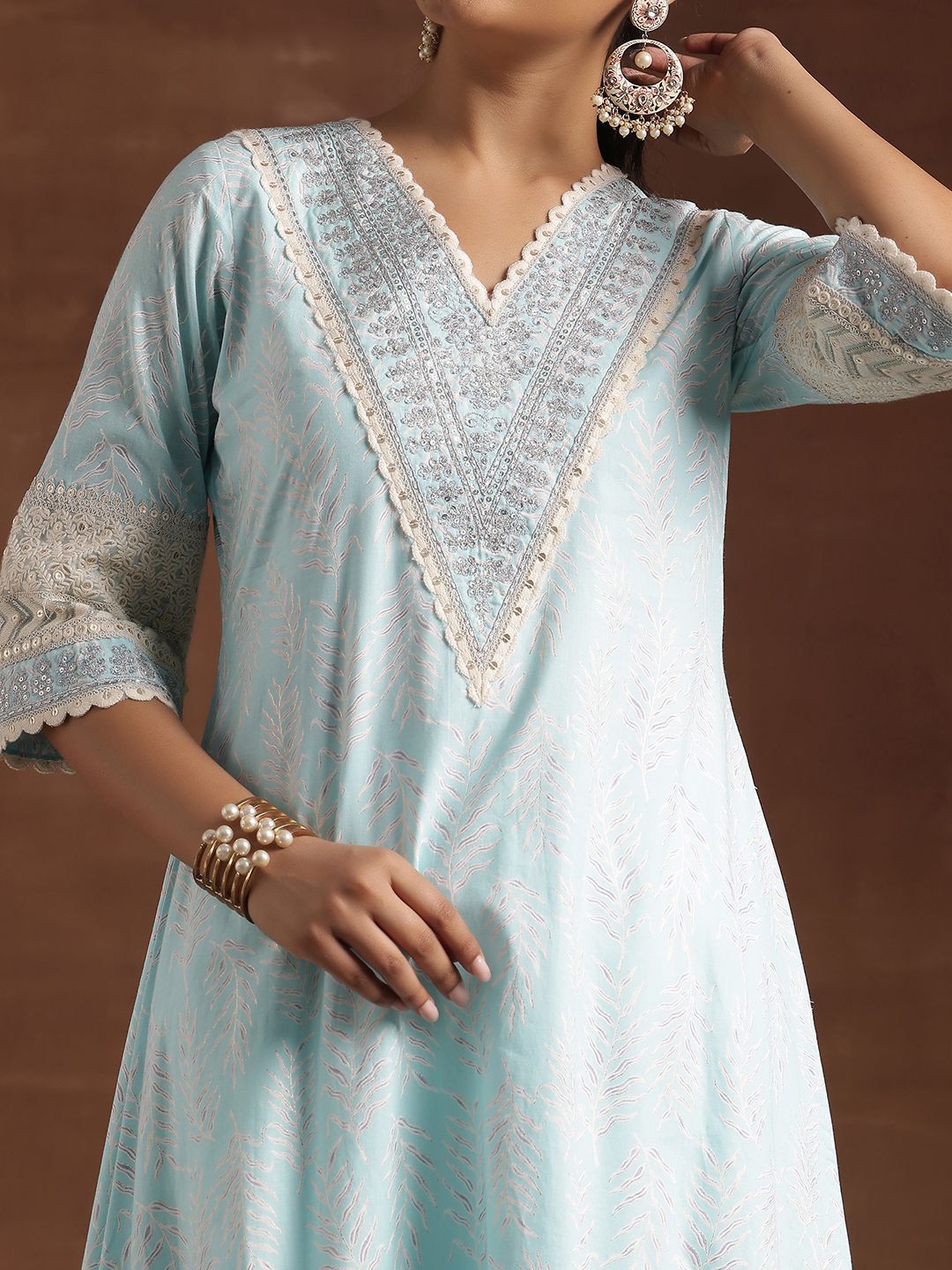 Libas Floral Printed Sequinned Pure Cotton Kurta with Trousers & Dupatta