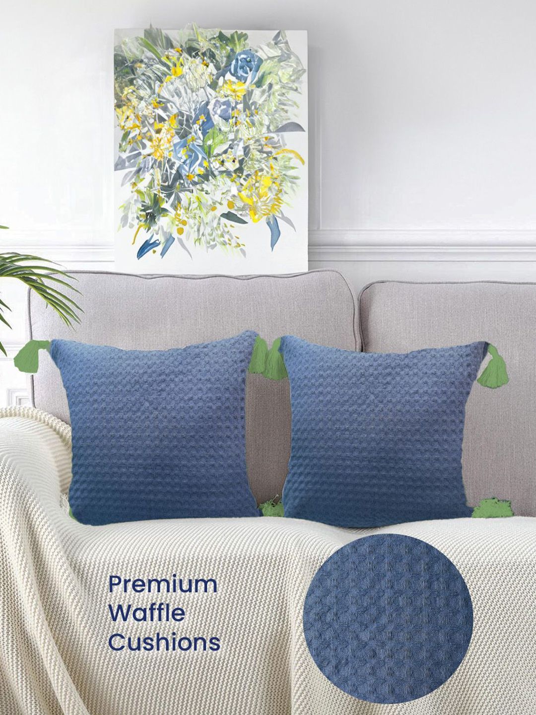 URBAN SPACE Navy Blue & Green 2 Pieces Checked Pure Cotton Square Cushion Covers