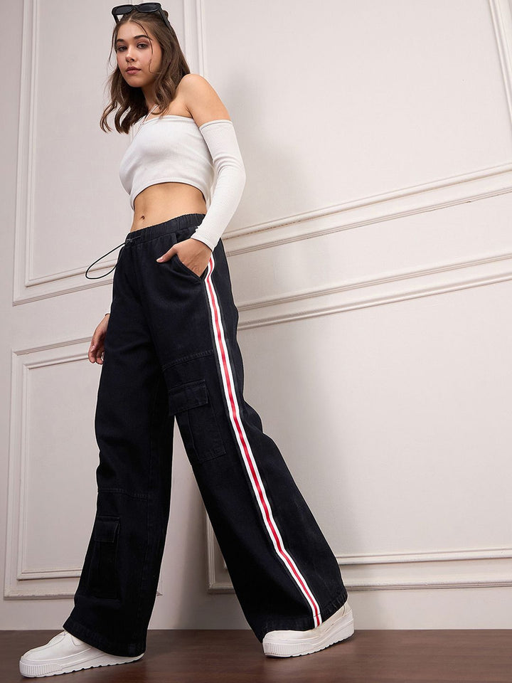 SASSAFRAS Women Cotton Comfort Wide Leg High-Rise with Side Stripe Jeans