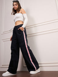 SASSAFRAS Women Cotton Comfort Wide Leg High-Rise with Side Stripe Jeans