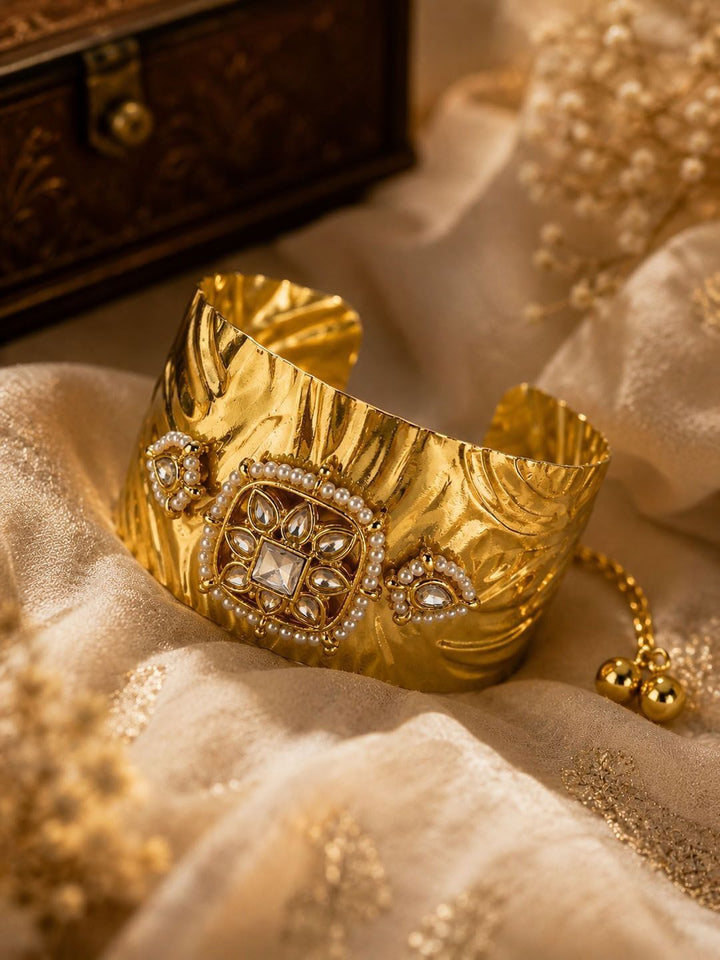 PANASH Gold-Plated Artificial Stones Studded Cuff Bracelet