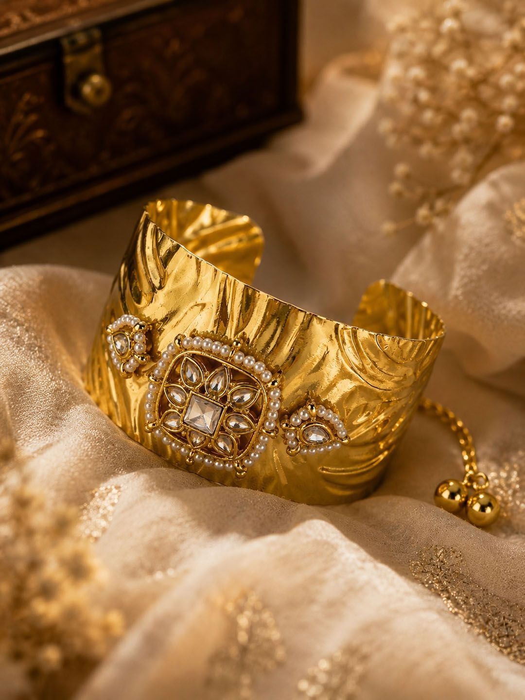 PANASH Gold-Plated Artificial Stones Studded Cuff Bracelet
