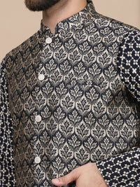 Anouk Geometric Embroidered Pure Cotton Straight Kurta With Churidar & Nehru Jacket