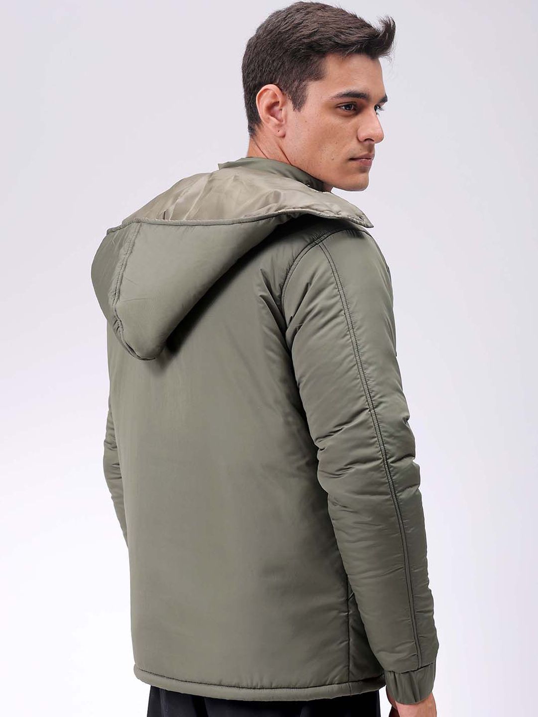 The Indian Garage Co Men Olive Solid Hooded Neck Padded Parka Jacket