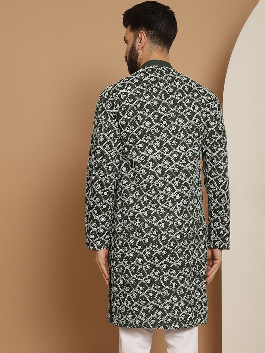 Anouk Men Green Geometric Thread Work Pathani Kurta