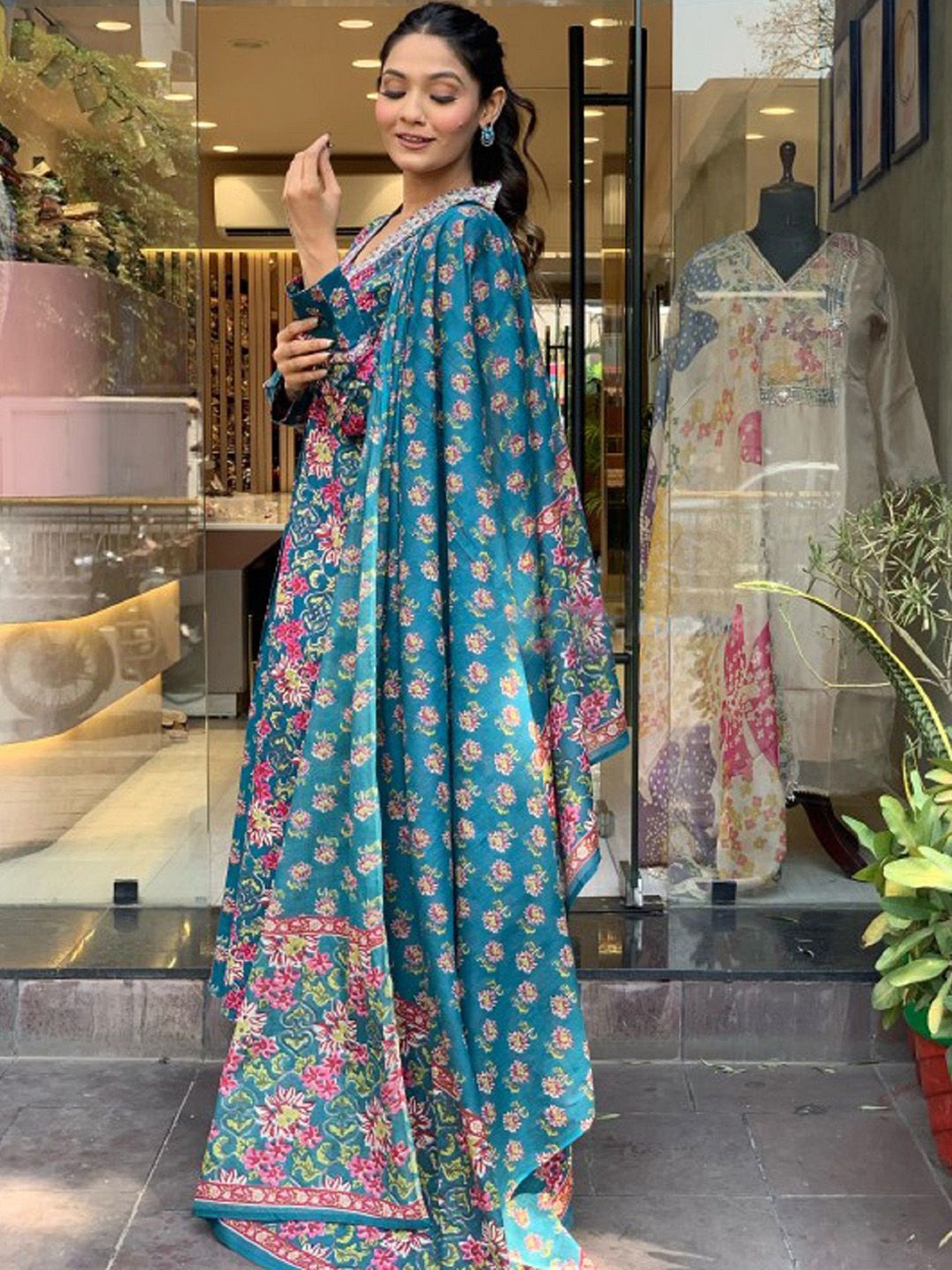 KALINI Floral Printed V-Neck Thread Work A-Line Kurta With Trousers & Dupatta