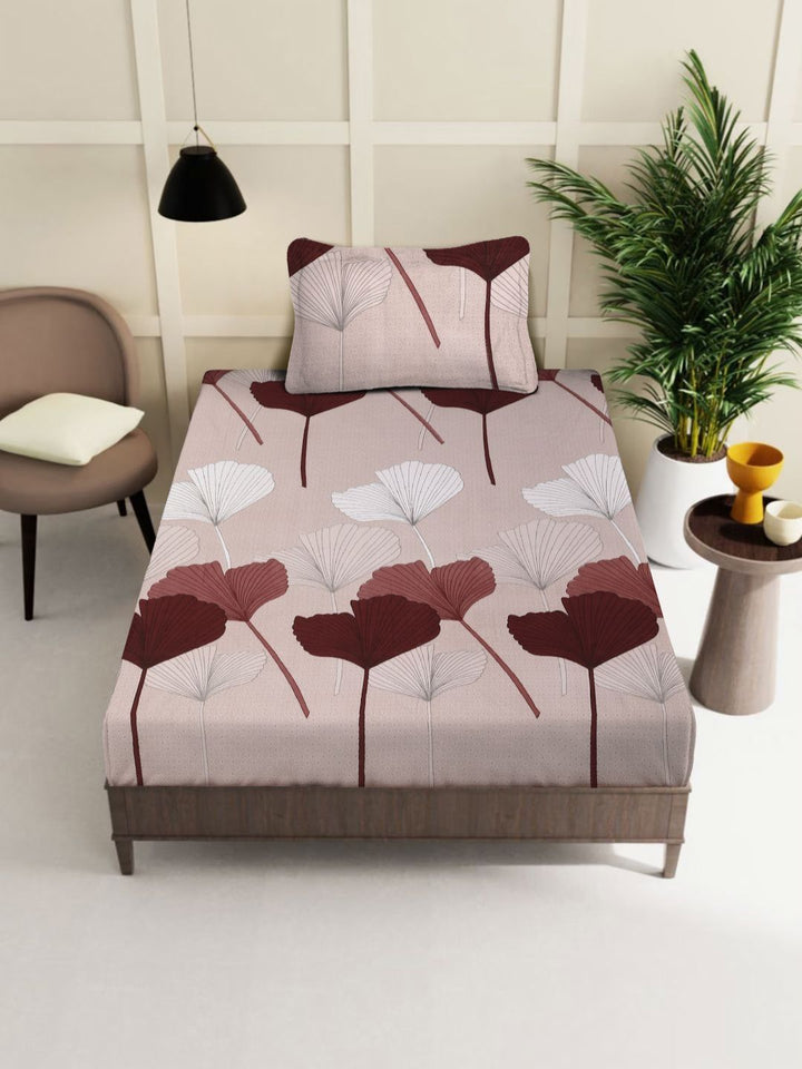 Myntra Elegant Homes Pink Leaf Polycotton 300 TC Single Fine Bedsheet with a Pillow Cover-89 x 59 inches