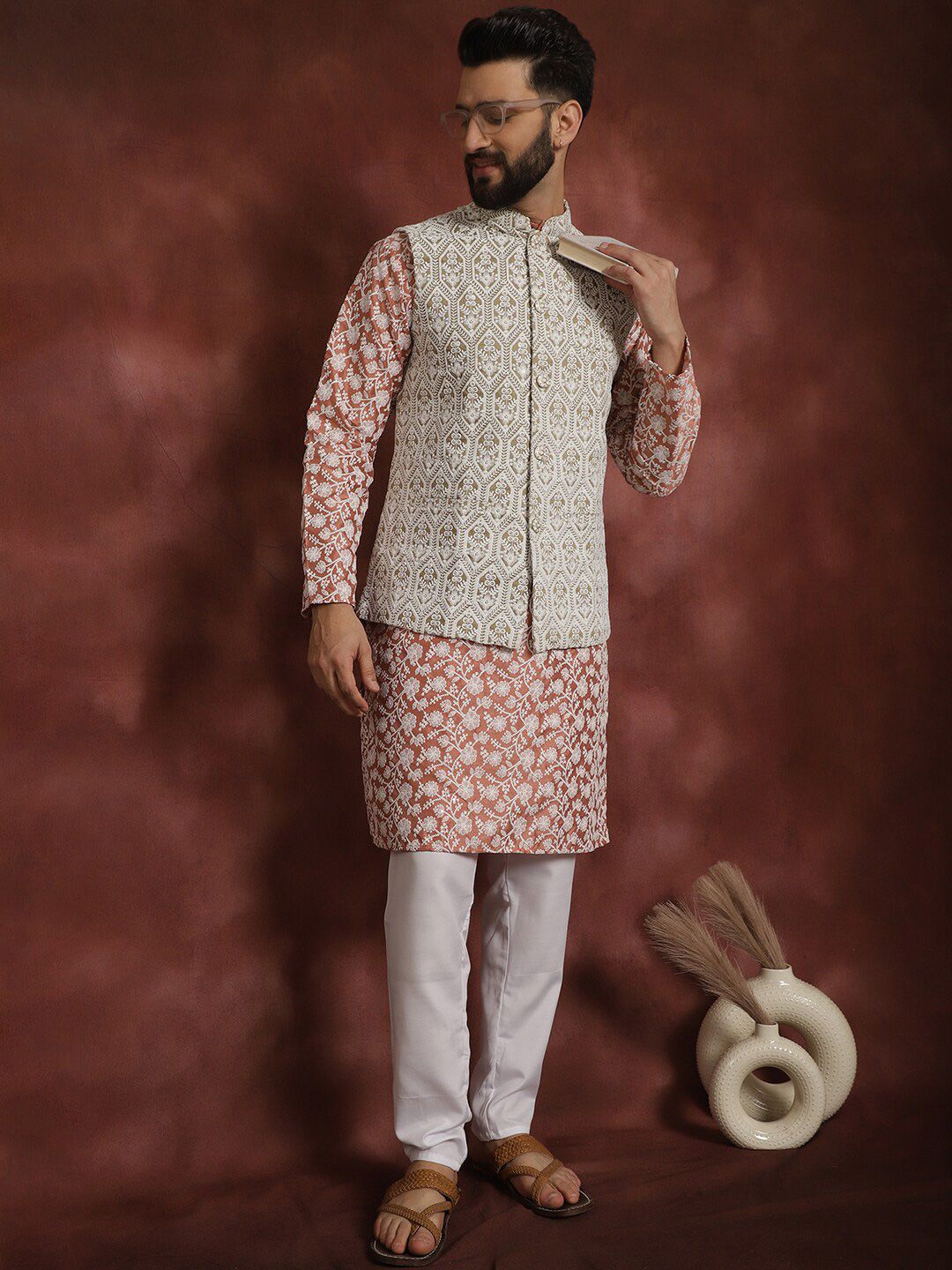 Anouk Floral Embroidered Thread Work Straight Kurta With Pyjama & Nehru Jacket