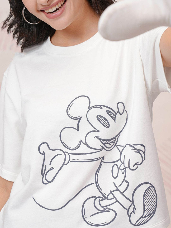 Tokyo Talkies White Disney Mickey Mouse Printed Round Neck T Shirt & Jogger