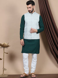 Kurta Lurus Kapas Tulen Sulam Bunga Anouk Dengan Jaket Churidar & Nehru