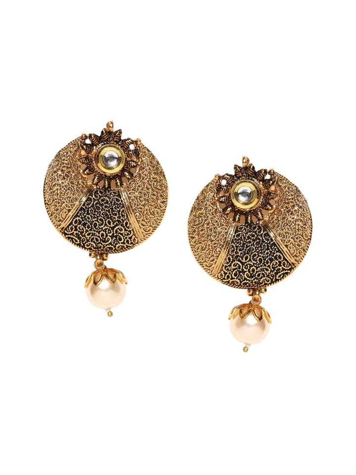 Anouk Off White Gold-Plated  Stone Studded & Beaded Contemporary Drop Earrings