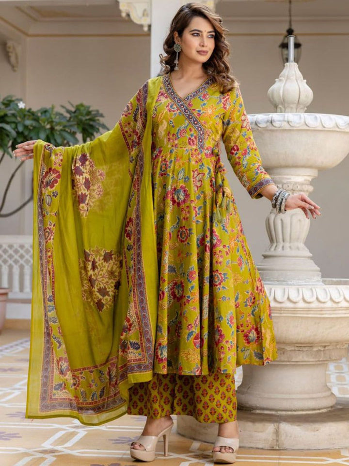 KALINI Women Floral Printed Angrakha Thread Work Kurta with Trousers & With Dupatta