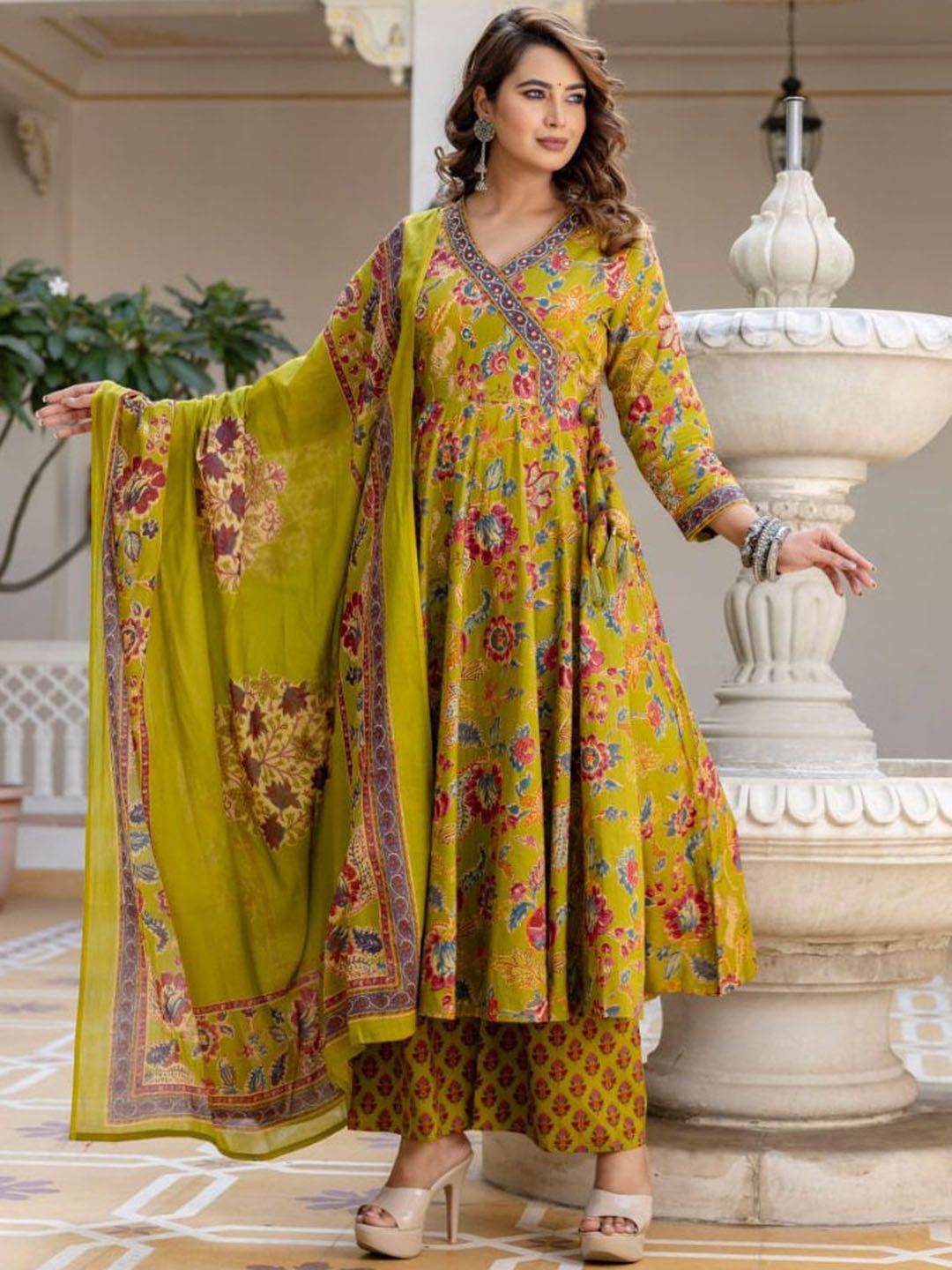 KALINI Women Floral Printed Angrakha Thread Work Kurta with Trousers & With Dupatta