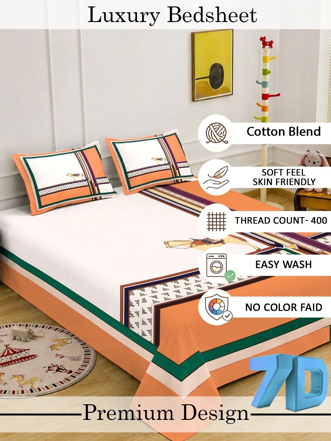 KLOTTHE Orange & Green Geometric 400 TC King Bedsheet with 2 Pillow Covers