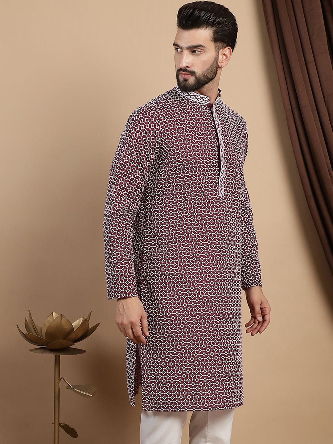 Kurta Lurus Kapas Kolar Mandarin Bercetak Anouk