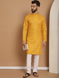 Anouk Mustard Yellow Floral Printed Mandarin Collar Straight Kurta With Churidar