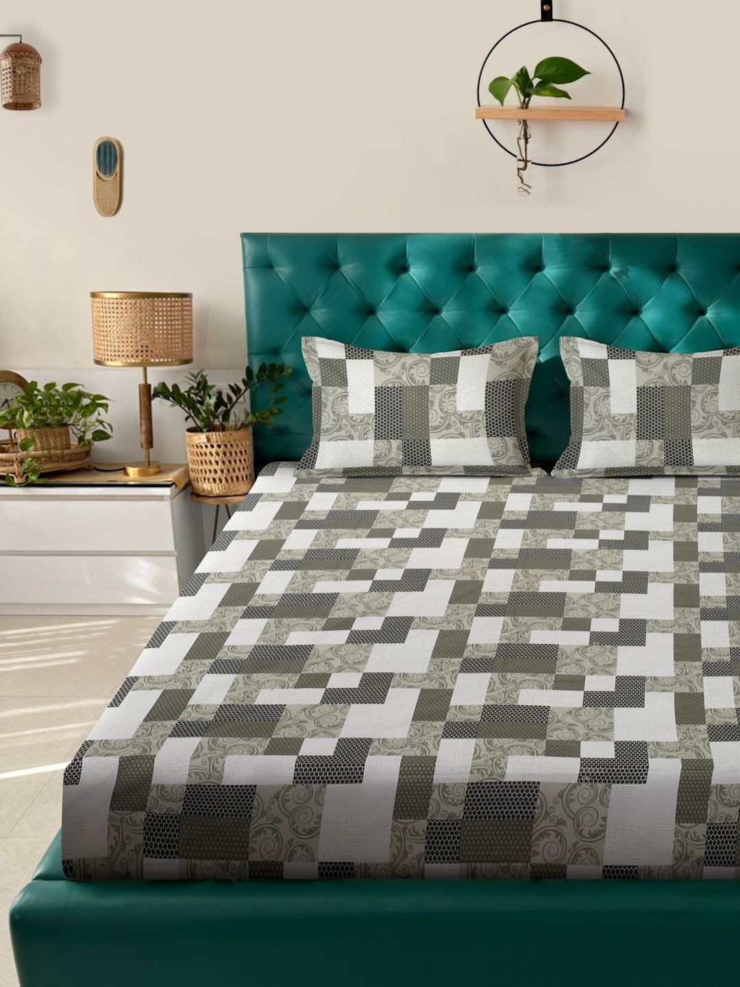KLOTTHE Grey Geometric Printed Dilengkapi 300 TC Single Cadar Halus Dengan Sarung Bantal