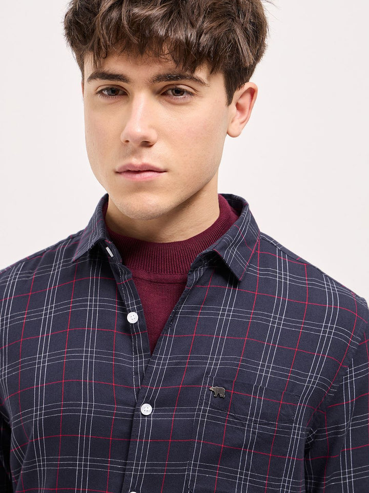 THE BEAR HOUSE Men Spread Collar Tartan Checked Slim Fit Shirt