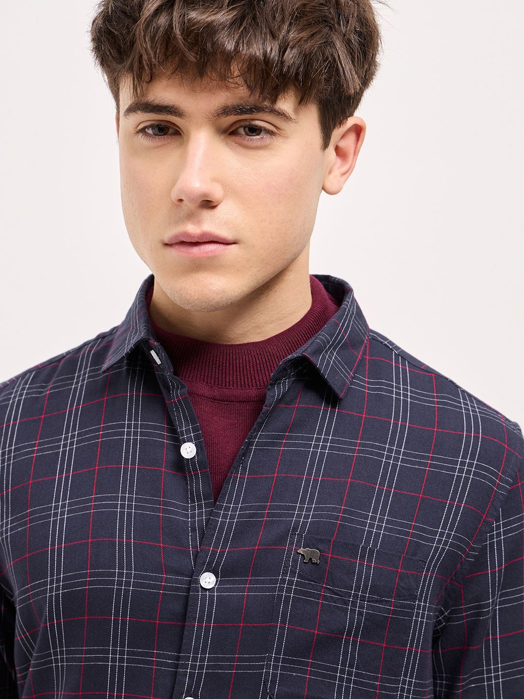 THE BEAR HOUSE Men Spread Collar Tartan Checked Slim Fit Shirt