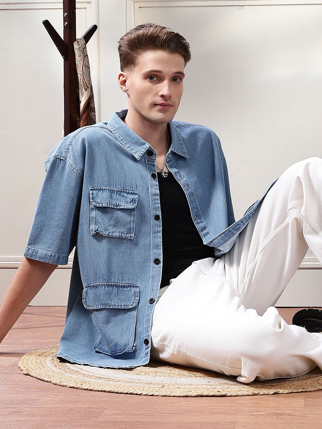 Eszett Embroidery Spread Collar Denim Ice Utility Oversized Shirt