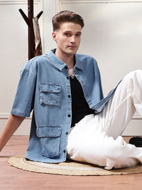 Eszett Embroidery Spread Collar Denim Ice Utility Oversized Shirt