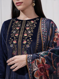 Vishudh Floral Yoke Design Round Neck Thread Work Straight Kurta With Trousers & Dupatta