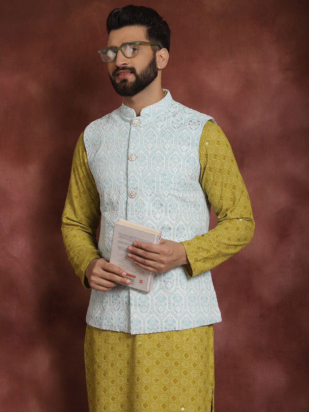 Anouk Embroidered Regular Thread Work Kurta & Churidar With Nehru Jacket