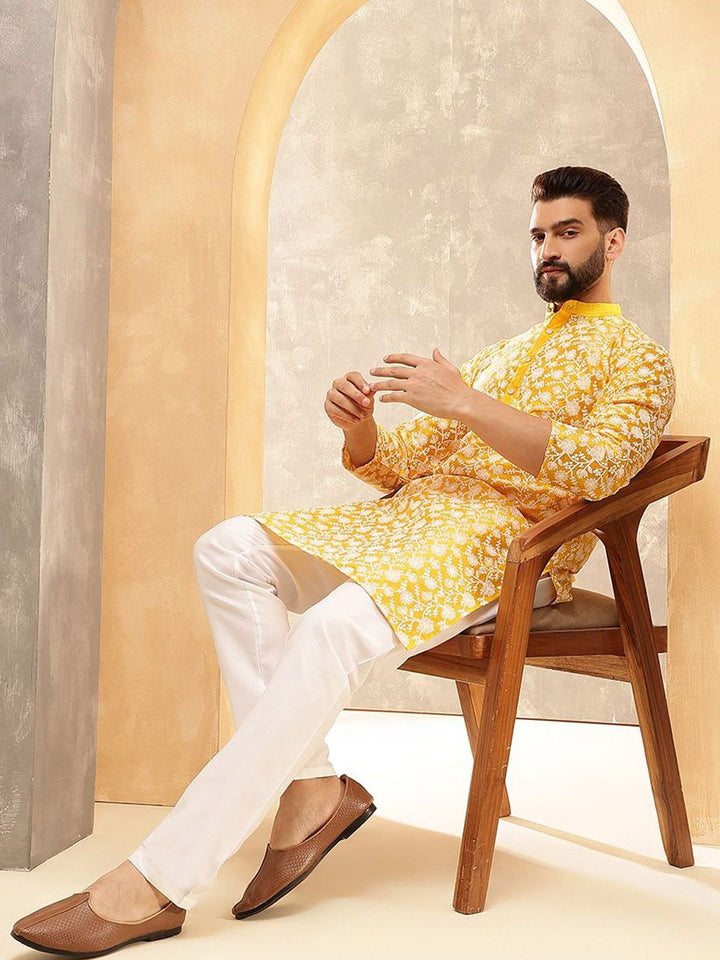 Anouk Mustard Ethnic Motifs Embroidered Band Collar Straight Kurta