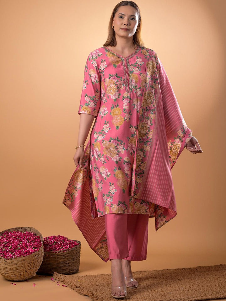 Mamicha Women Embroidered Regular Thread Work Pure Cotton Kurta with Palazzos With Dupatta